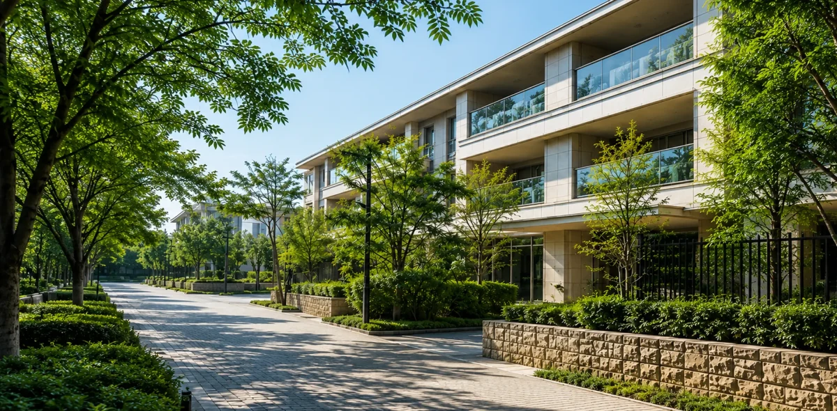 低層マンションのある落ち着いた街並み